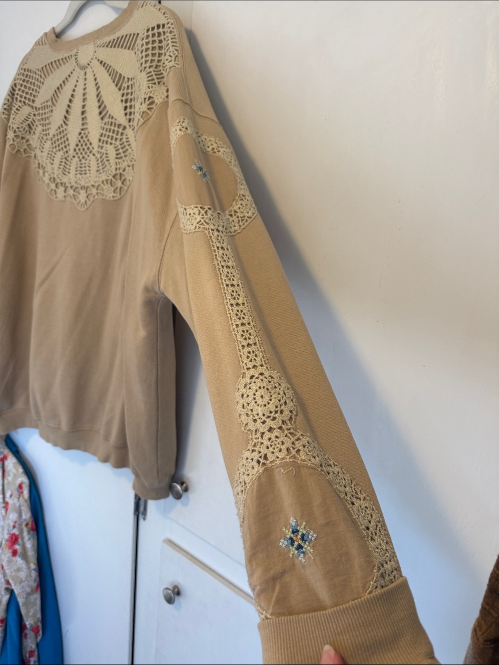 Free People Beige Embroidered Crochet Accent Crewneck Sweater - Picture 4 of 6